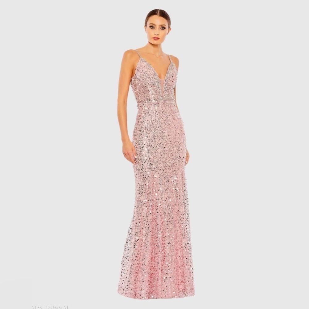 Flawed Mac Duggal 68175 NWT Pink Embellished Plunge Neck Sleeveless Trumpet Gown